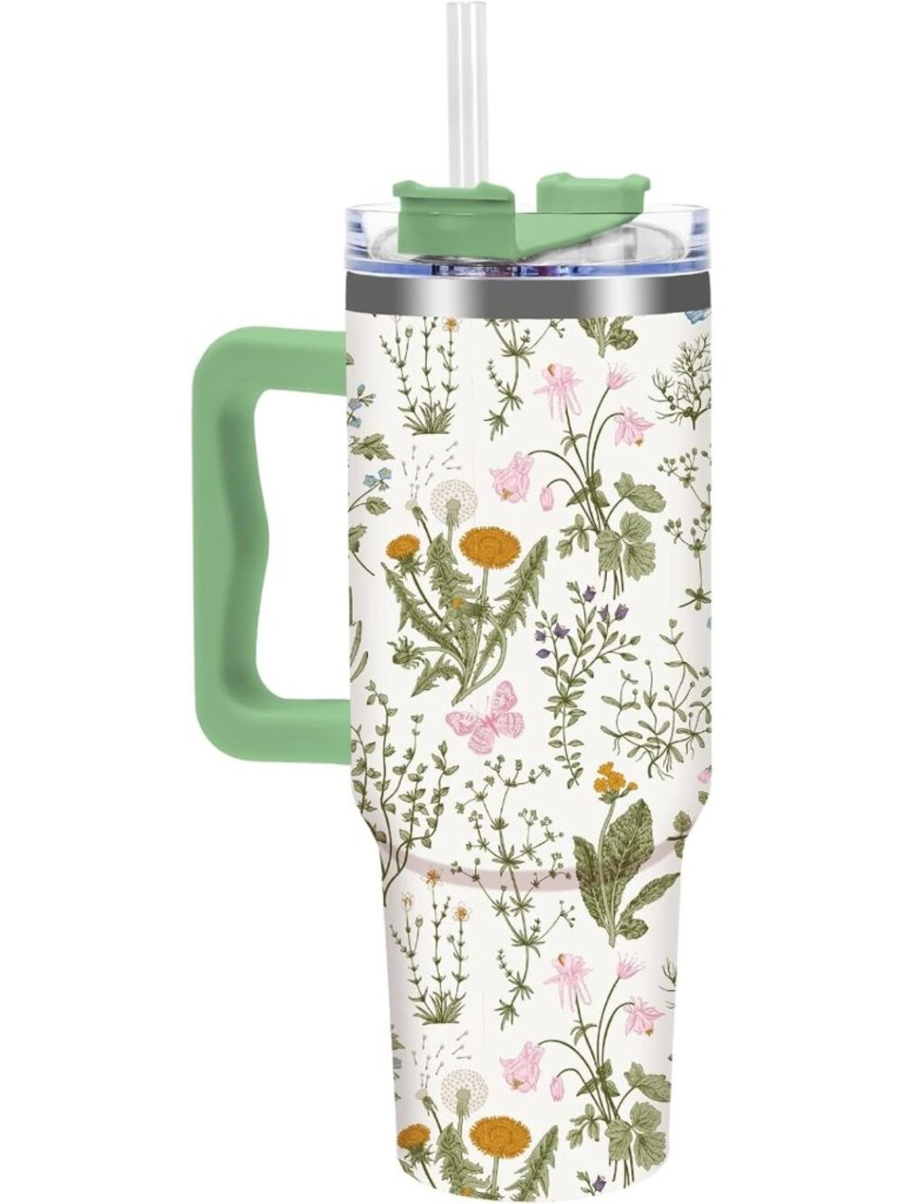Vintage Wildflower 40oz Stainless Steel Tumbler with Straw & Handle - Green